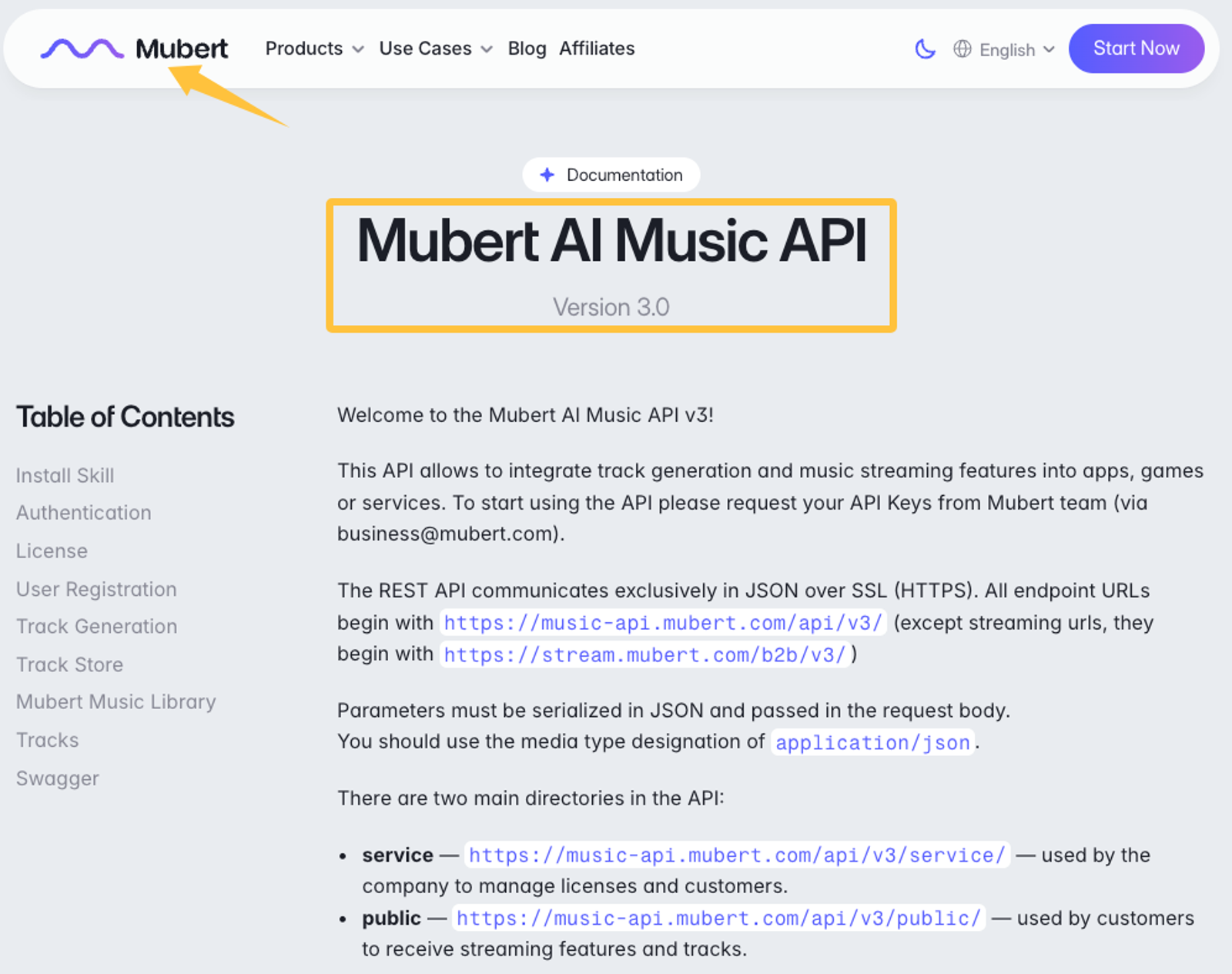 Mubert API documentation page, top choice among the best ai music generation platforms 2026.