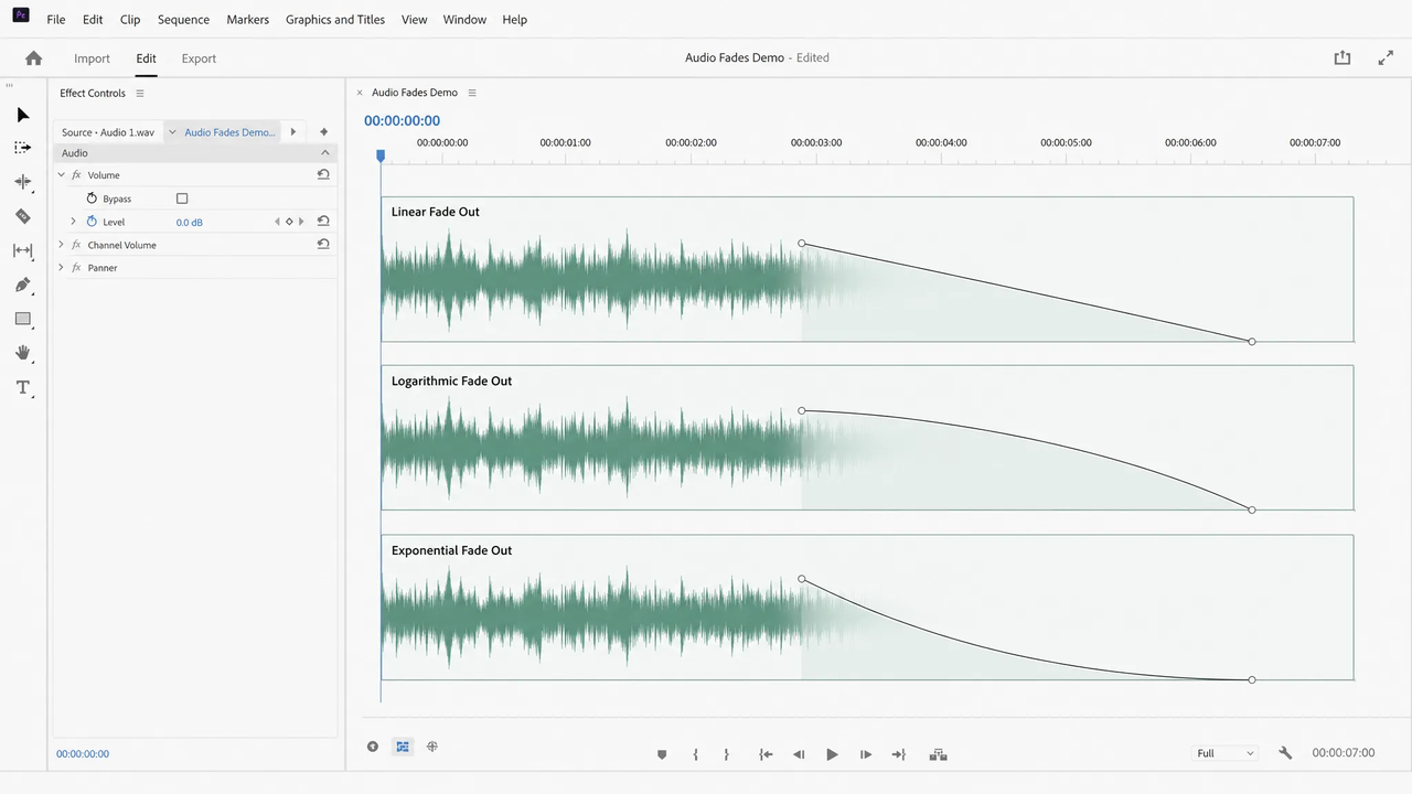 An editor timeline showing different volume curves used to add audio fade out to video.