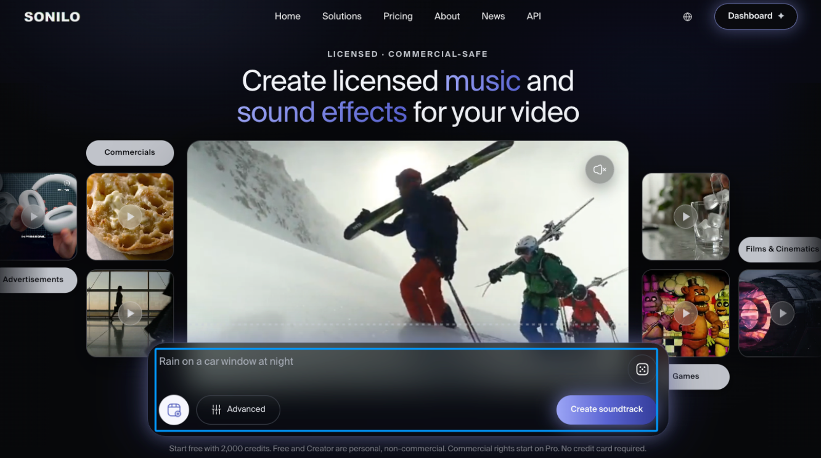 Sonilo website interface showing licensed, commercial-safe soundtrack creation options for video, an alternative to Suno v6 video.