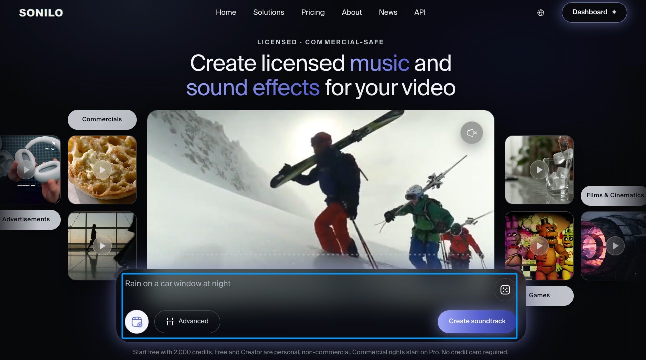 Sonilo website interface showing licensed, commercial-safe soundtrack creation options for video, an alternative to Suno v6 video.