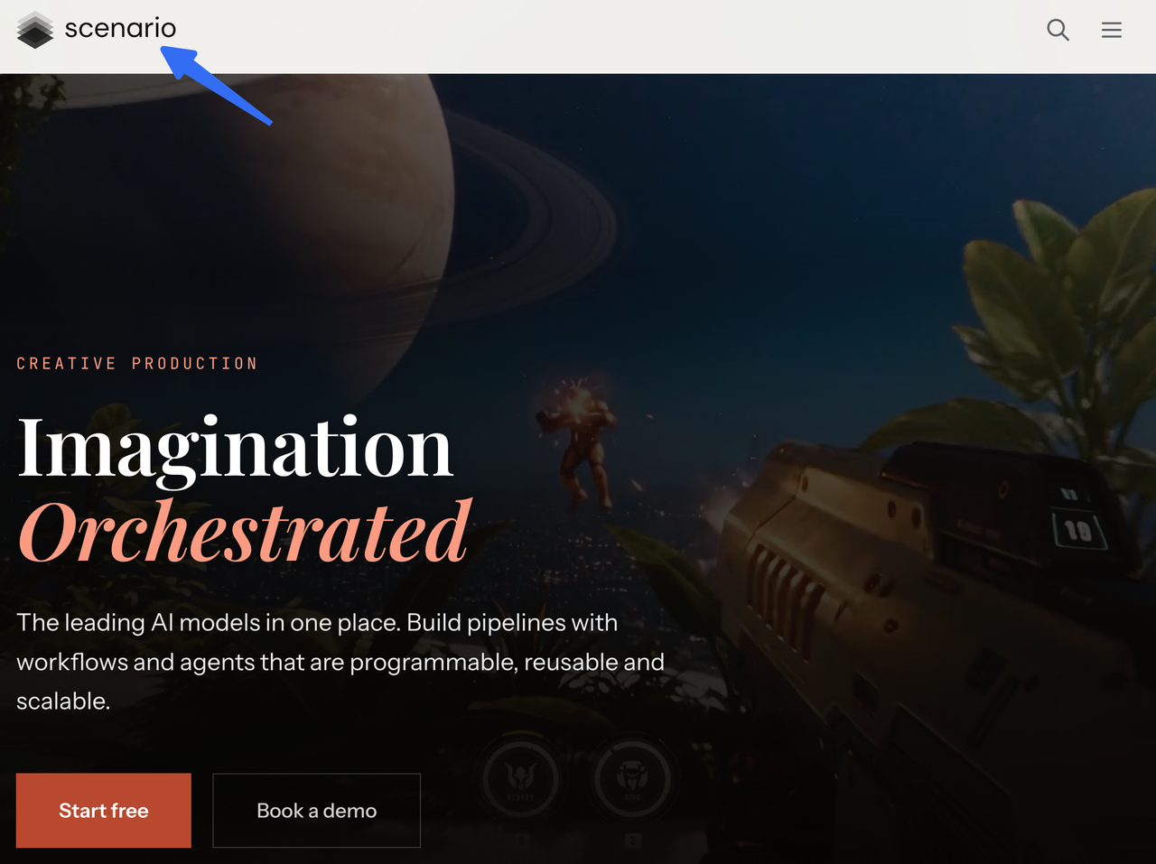 独自のAIモデルを構築できるAIゲームアセット生成ツール「Scenario」の公式サイトトップページ画像です。一貫したスタイルの2Dゲームアセットを効率的に作成でき、ゲーム開発者の生産性向上を支援するプラットフォームです。