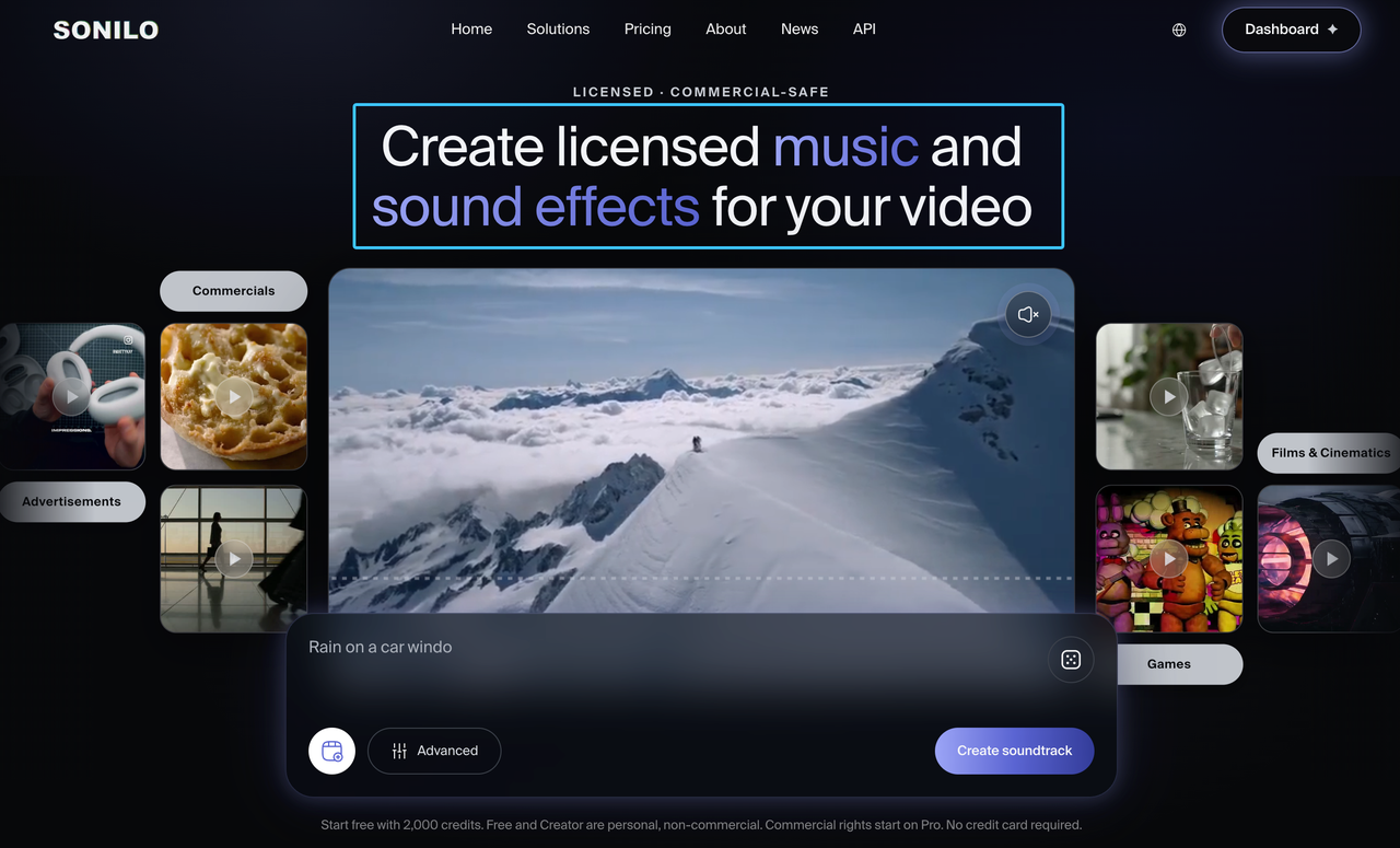 Screenshot of the Sonilo website, an AI tool for generating free sound effects for video editing via text prompts.