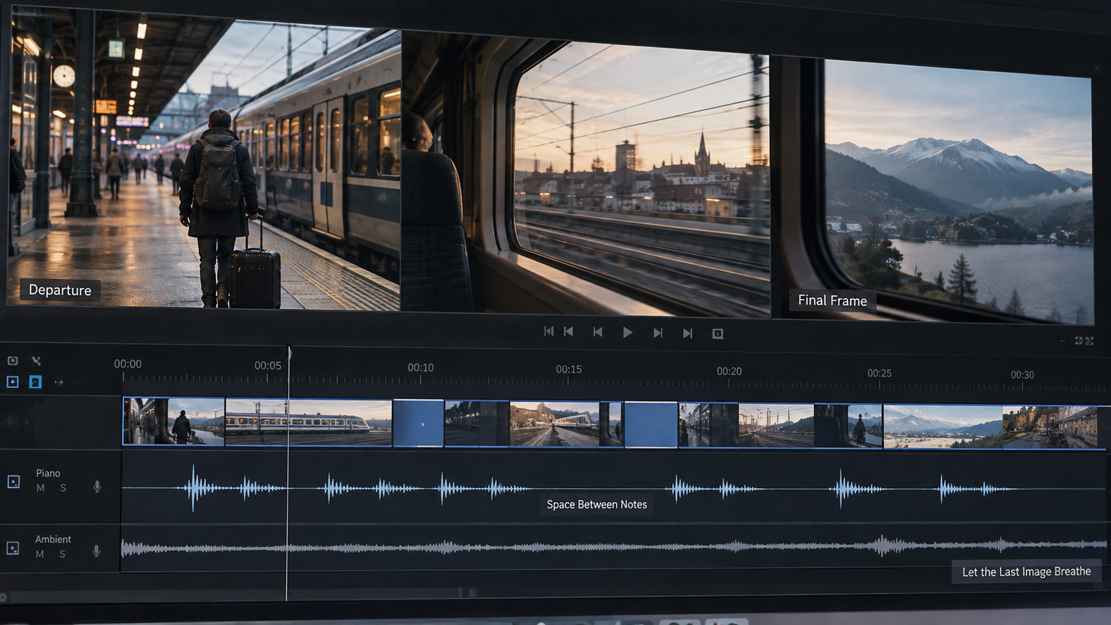  Editing timeline using piano tracks and ambient sounds to create emotional music for travel videos.