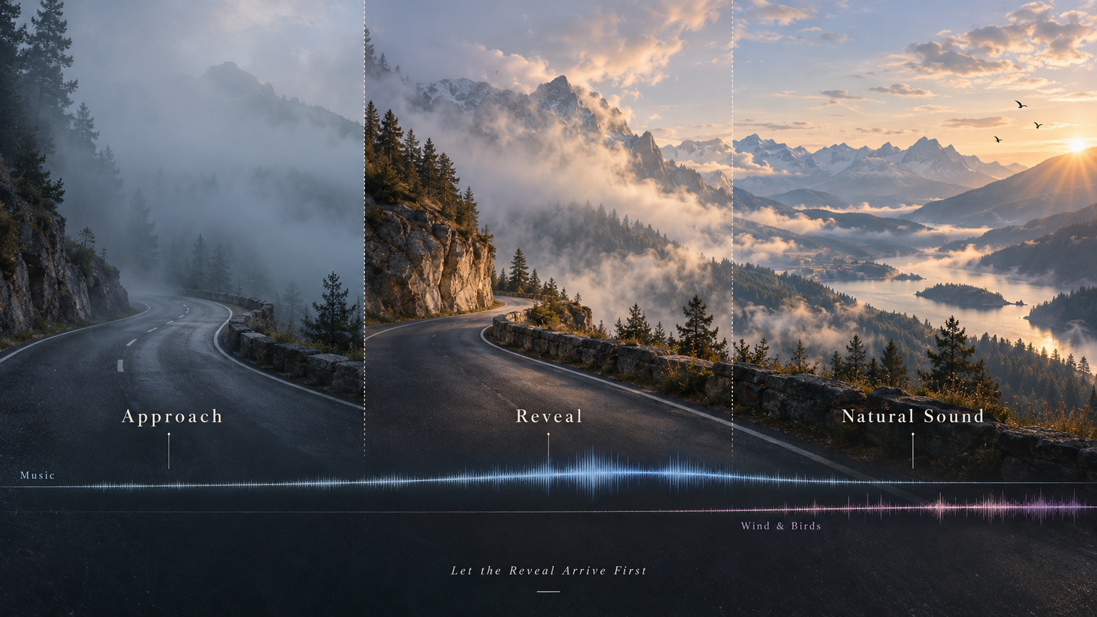 Blending natural wind and bird sounds with cinematic music for travel videos to reveal mountain scenery.