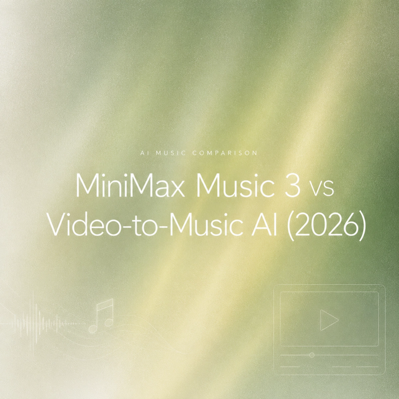 Olive-green gradient cover graphic titled "MiniMax Music 3 vs Video-to-Music AI (2026)" featuring line-art icons of an audio waveform, musical note, and video player UI.