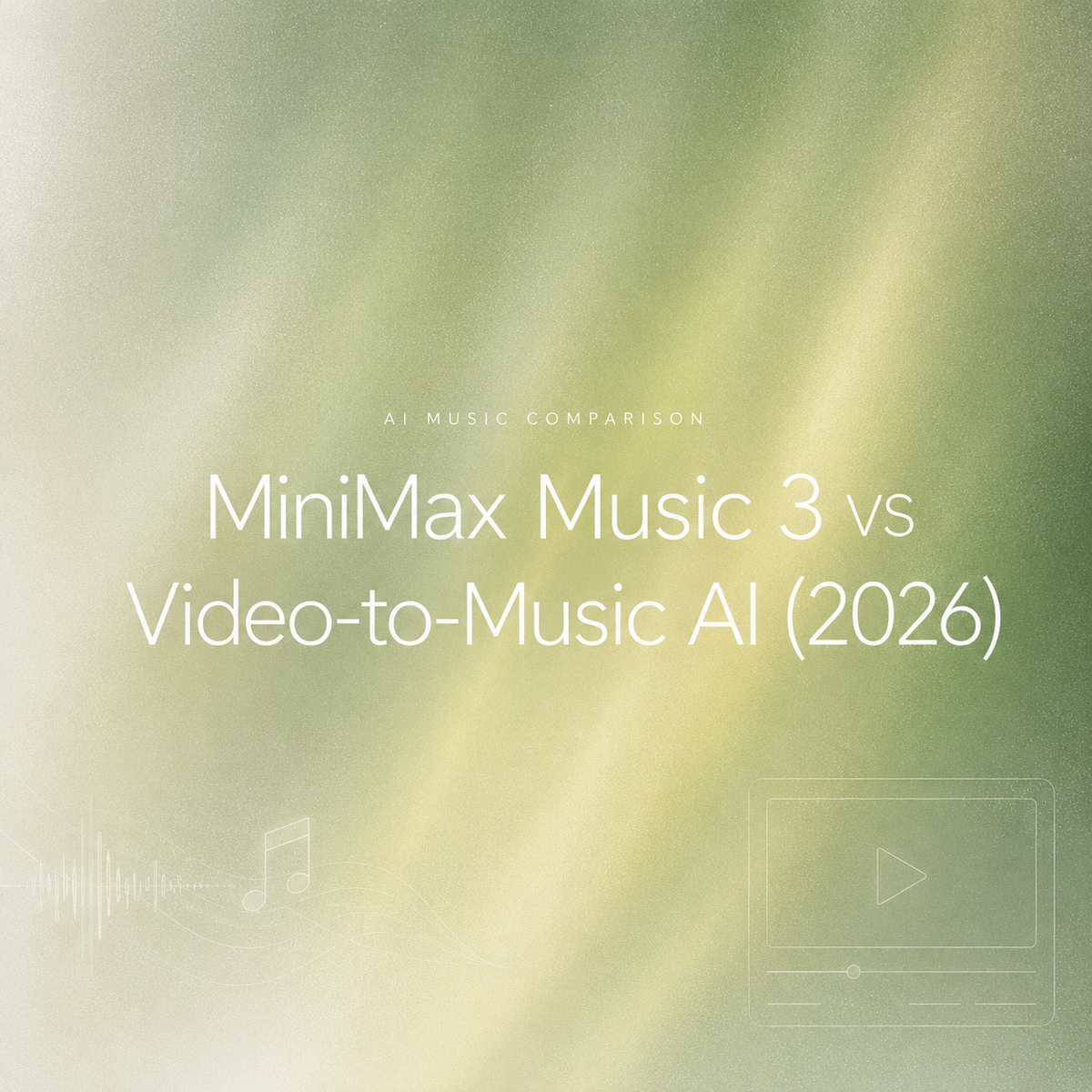 Olive-green gradient cover graphic titled "MiniMax Music 3 vs Video-to-Music AI (2026)" featuring line-art icons of an audio waveform, musical note, and video player UI.