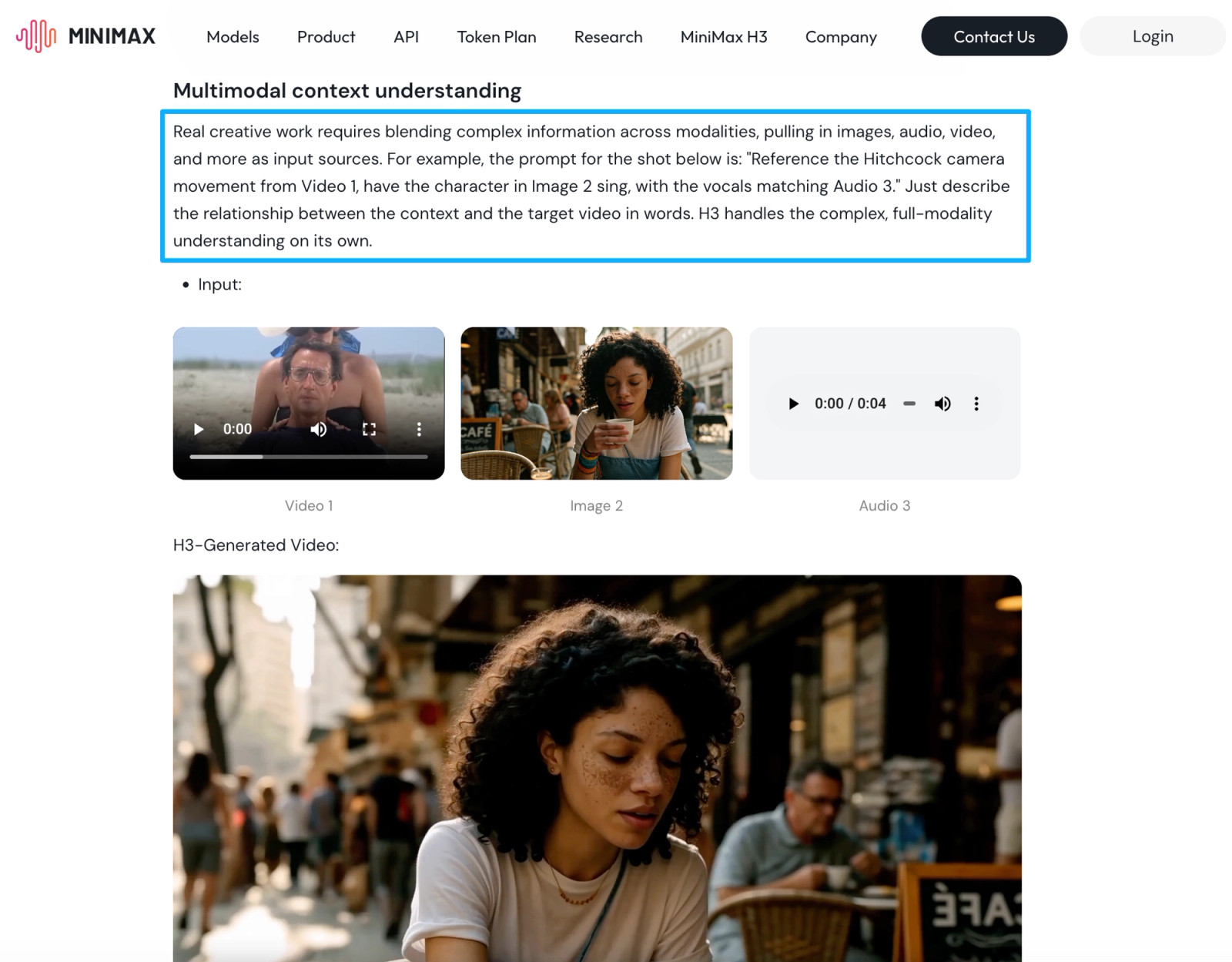 MiniMax website documentation page highlighting multimodal context capabilities, displaying sample input assets including Video 1, Image 2, and Audio 3 used to demonstrate complex cross-modality prompts.
