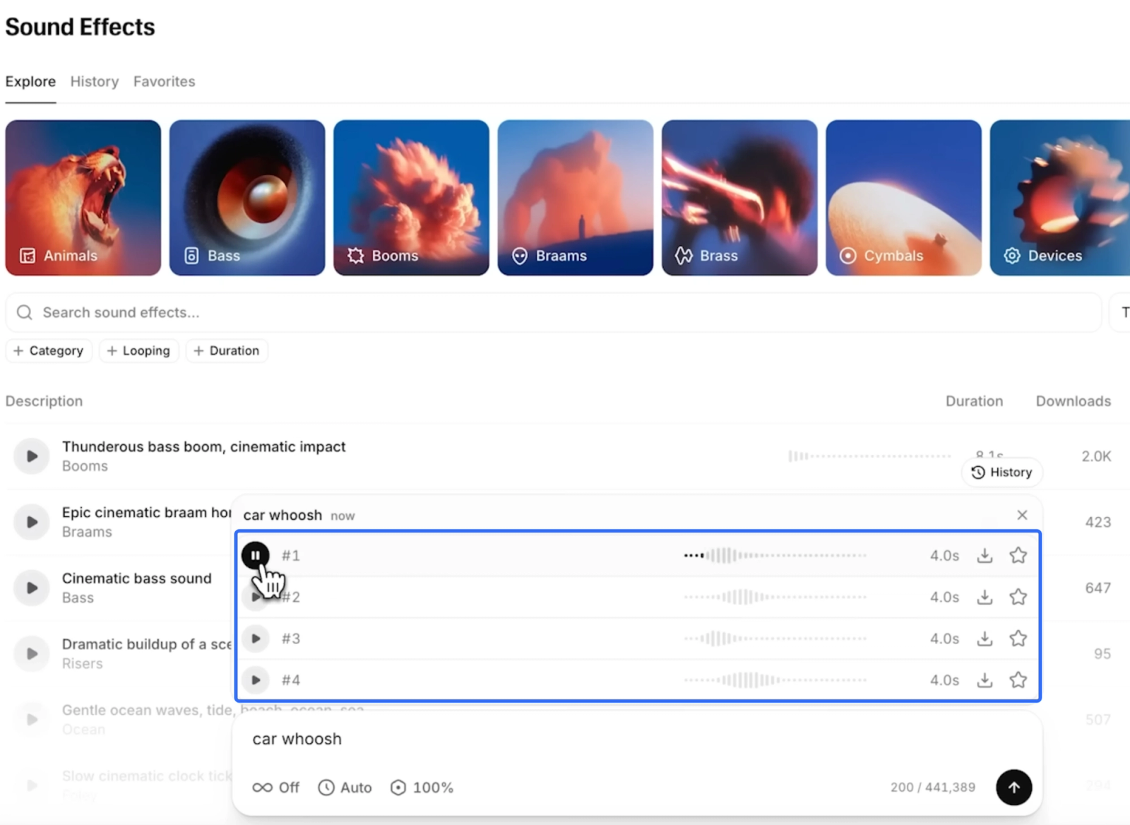 Searching and previewing four unique car whoosh variations using the powerful elevenlabs ai sound effects tool.