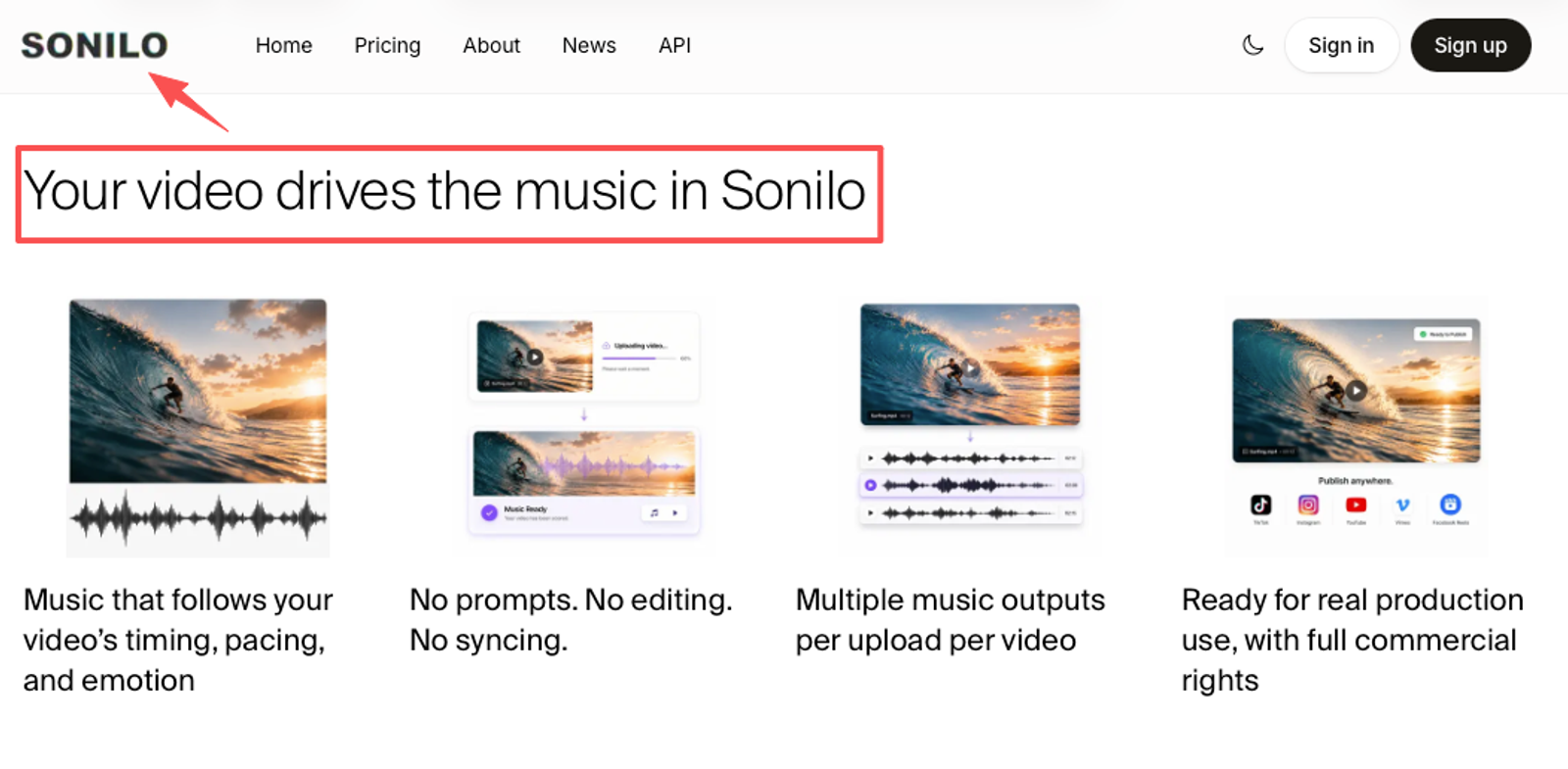 Sonilo website displaying how its AI generated music features combine video with audio.
