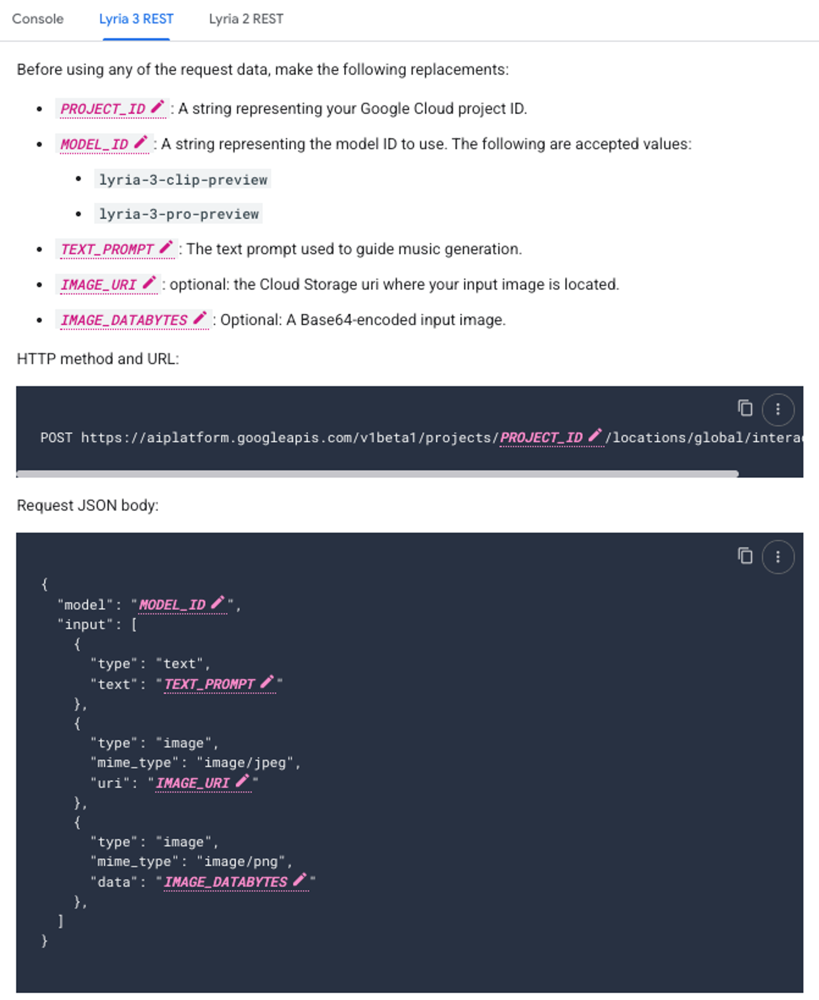 Developer view of Lyria 3 REST API JSON code, powering ai music for video creators 2026 workflows.
