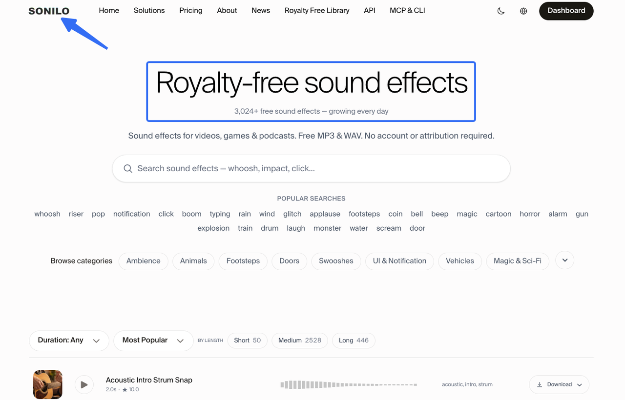 Sonilo website homepage offering thousands of free meme sound effects for creators.