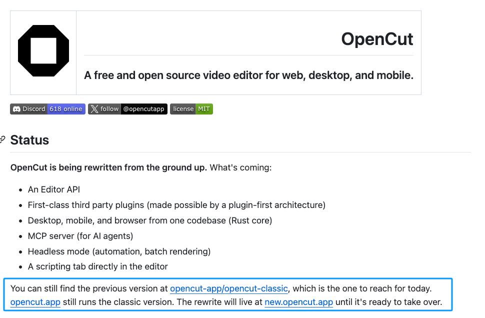 GitHub project status page showing the OpenCut music workflow integration and upcoming AI features.