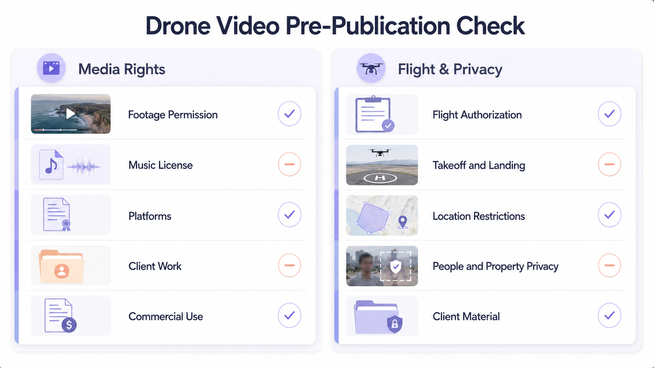 A pre-publication checklist covering flight privacy and media rights when licensing music for drone videos before posting.