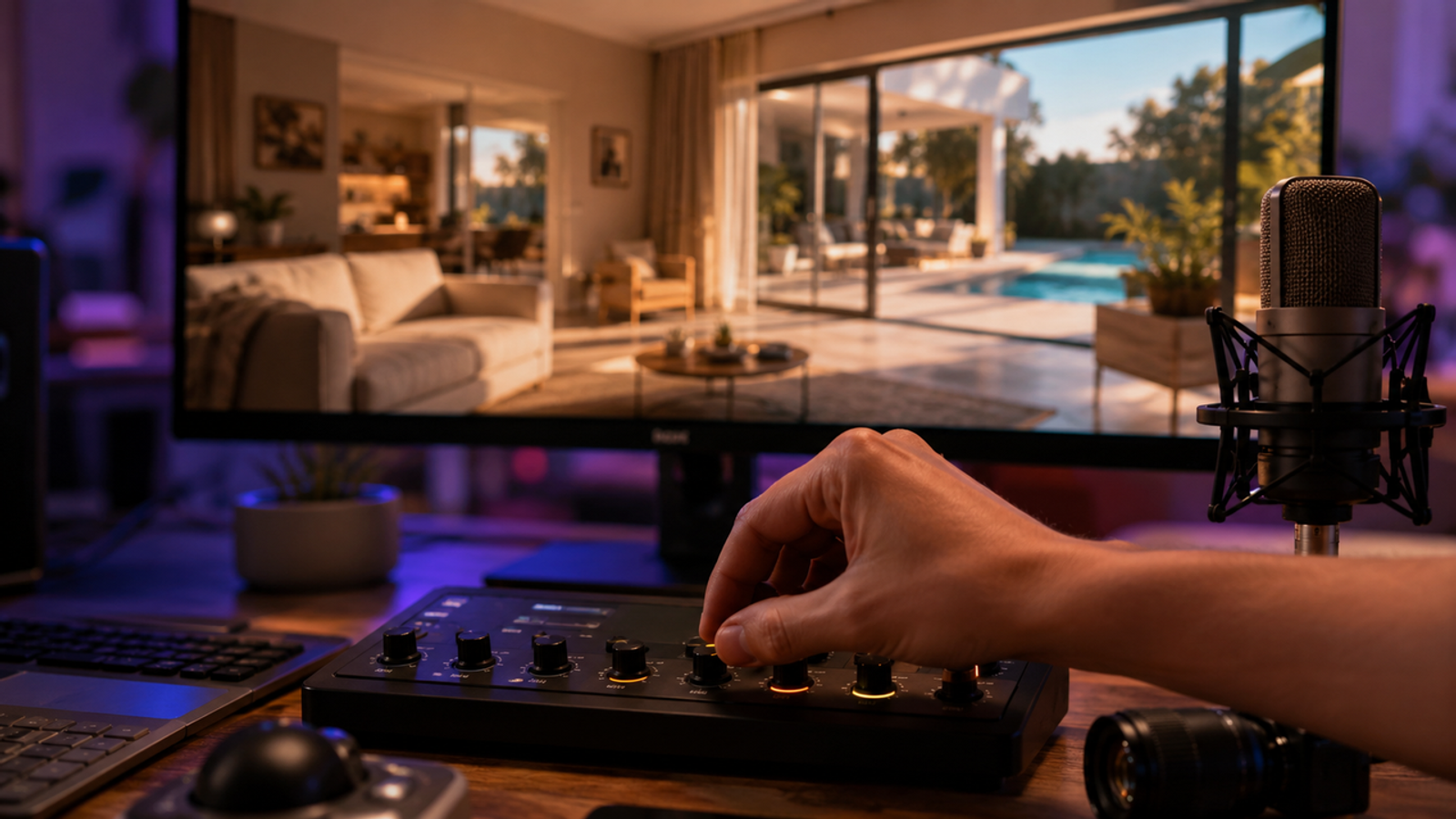 A video editor using an audio mixing console to adjust the background music for real estate videos of a luxury home.
