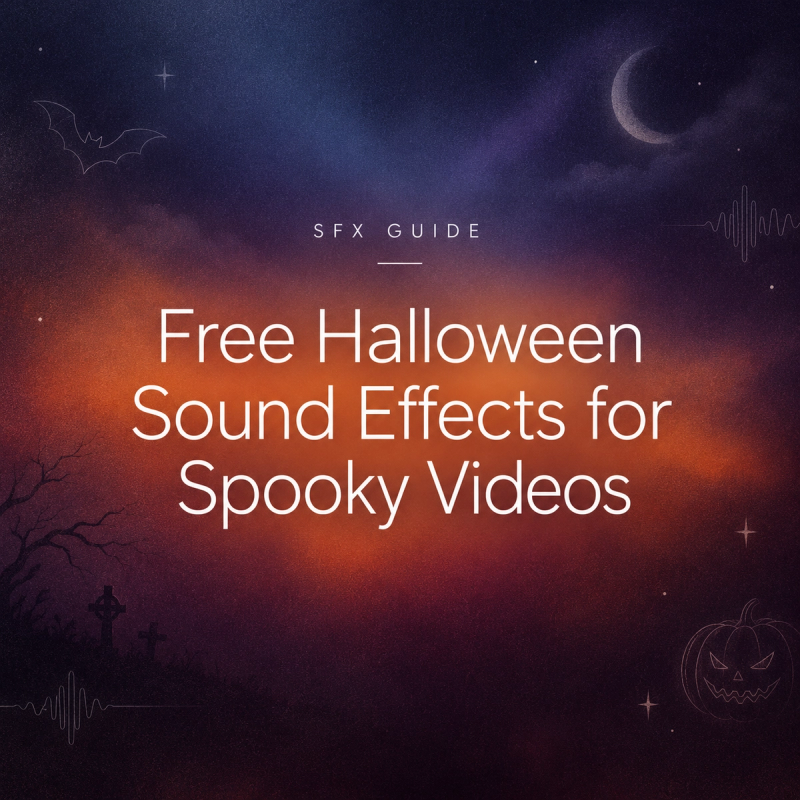 SFX guide graphic for free halloween sound effects for spooky videos with bats and pumpkins.