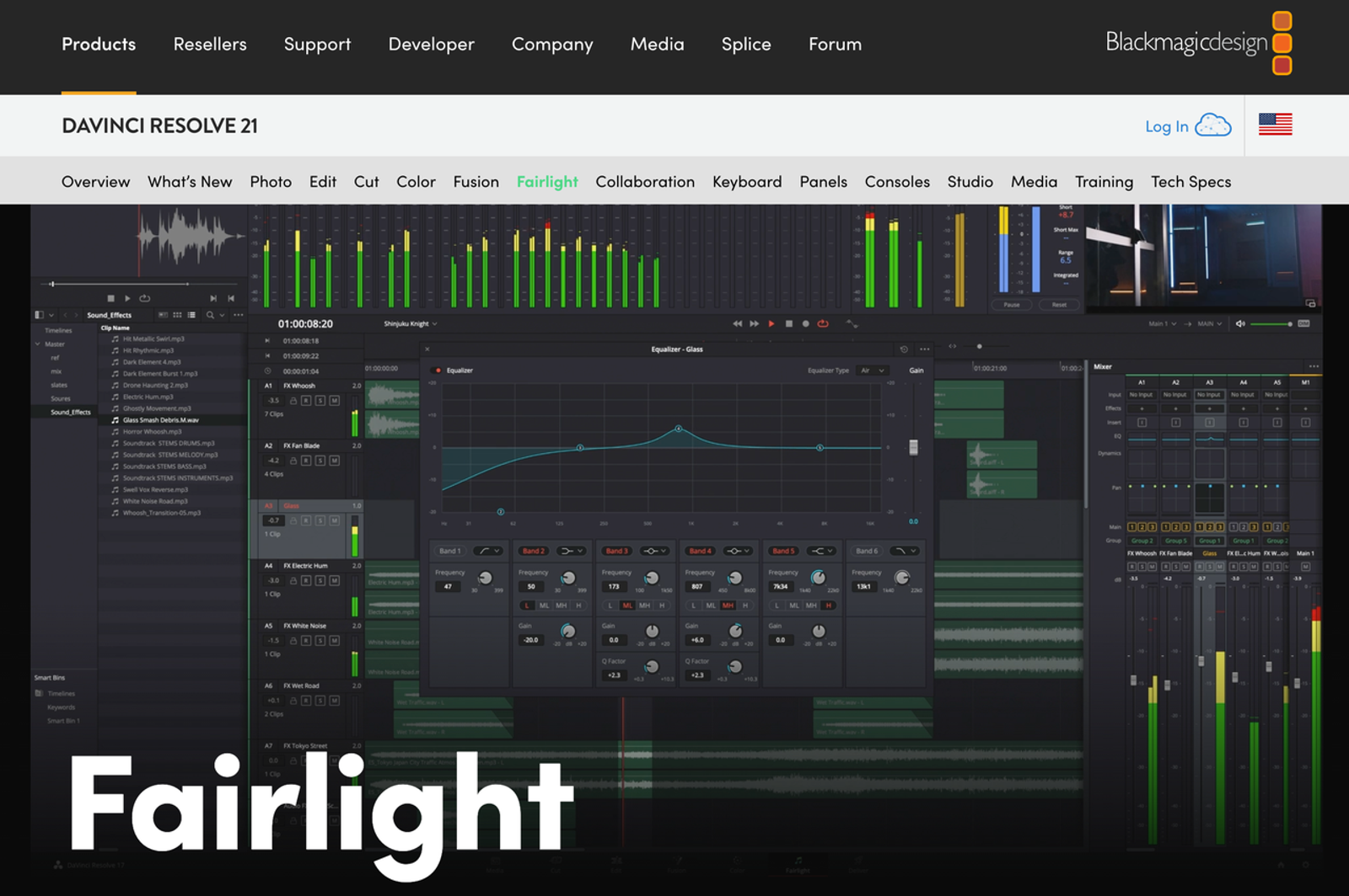 Blackmagic Design webpage showcasing the Fairlight audio page within DaVinci Resolve 21 software.