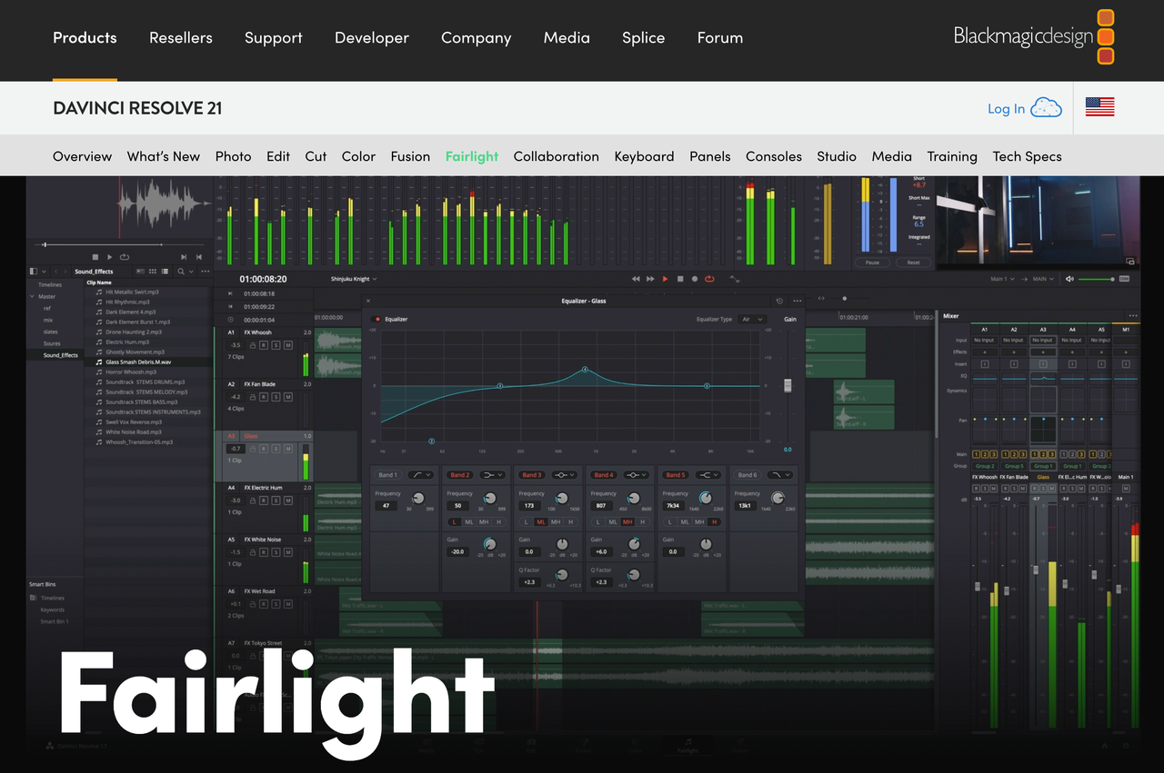 Blackmagic Design webpage showcasing the Fairlight audio page within DaVinci Resolve 21 software.