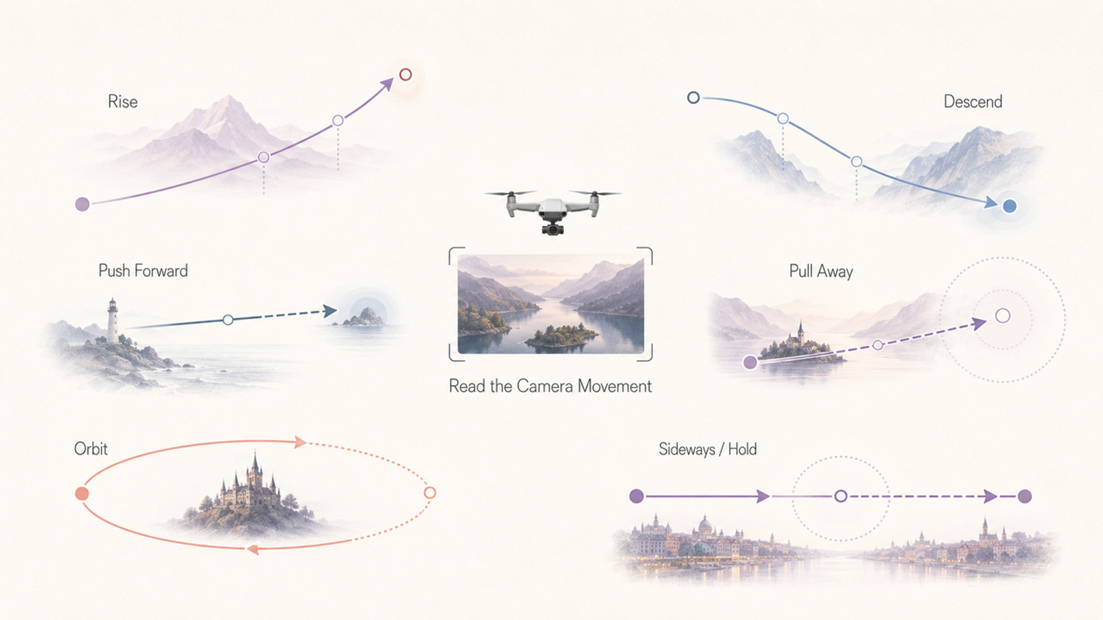 Visual guide showing how camera movements like orbit and descend dictate the right music for drone videos and editing.