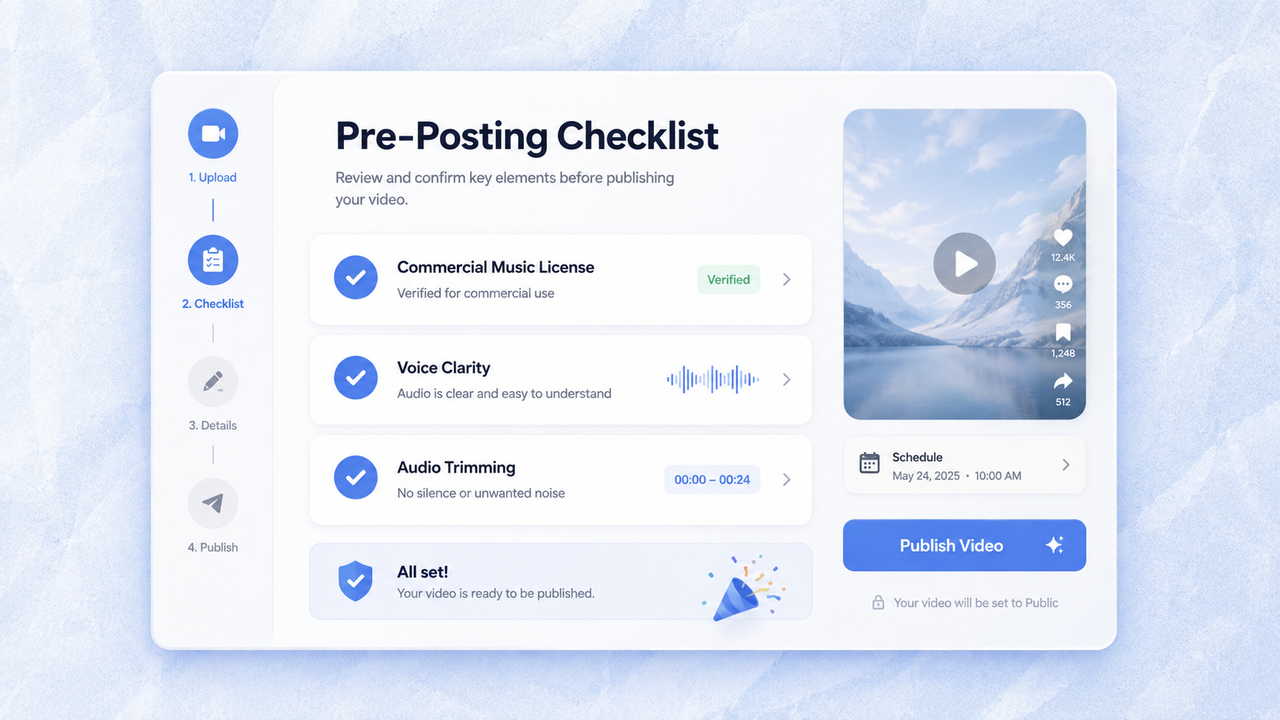 Pre-publishing checklist interface verifying Commercial Music License, Voice Clarity, and Audio Trimming before publishing a video.