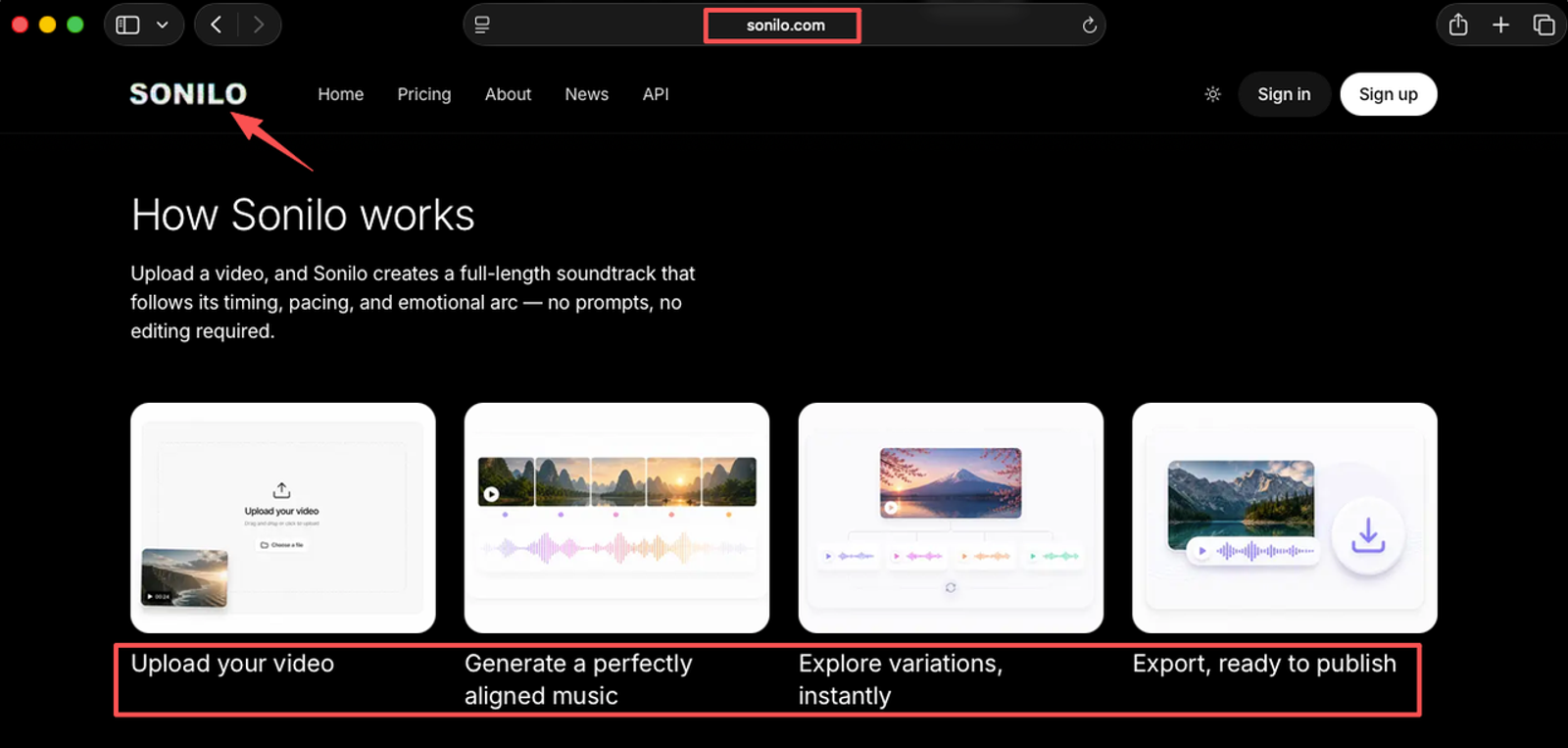 The Sonilo platform offers a seamless 4-step automated solution for how to add audio to a video with AI-generated tracks.