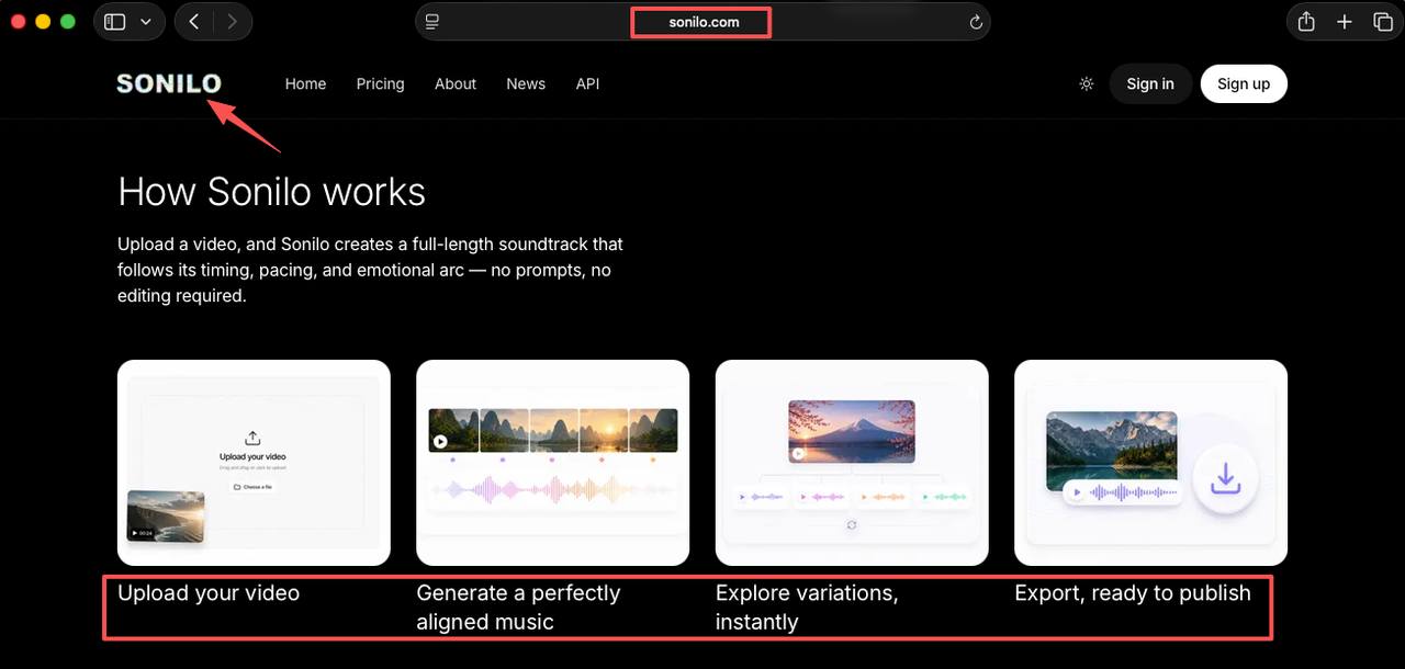 The Sonilo platform offers a seamless 4-step automated solution for how to add audio to a video with AI-generated tracks.