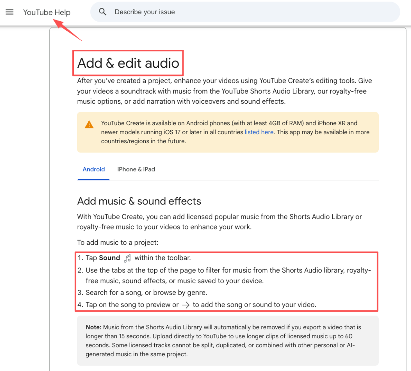 Complete YouTube Help guide showing how to add music to my video using Shorts Audio Library, royalty-free tracks, and sound effects.