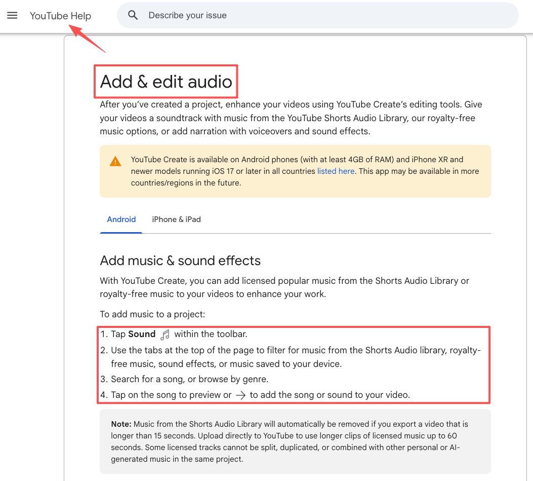 Complete YouTube Help guide showing how to add music to my video using Shorts Audio Library, royalty-free tracks, and sound effects.