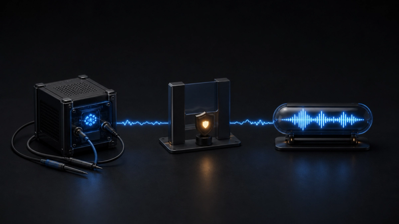 A dark test bench with three illuminated checkpoints connecting a mock server, an account preflight, and one approved audio output