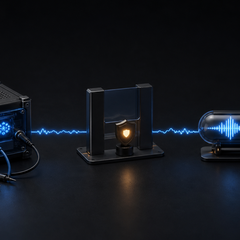 A dark test bench with three illuminated checkpoints connecting a mock server, an account preflight, and one approved audio output