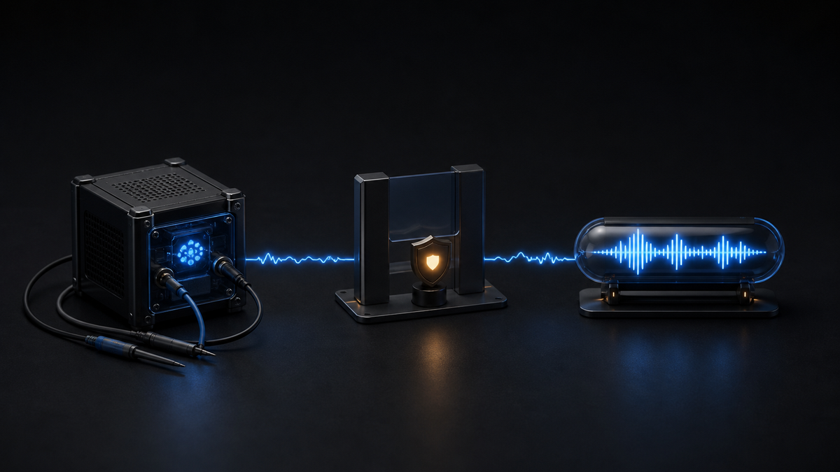 A dark test bench with three illuminated checkpoints connecting a mock server, an account preflight, and one approved audio output