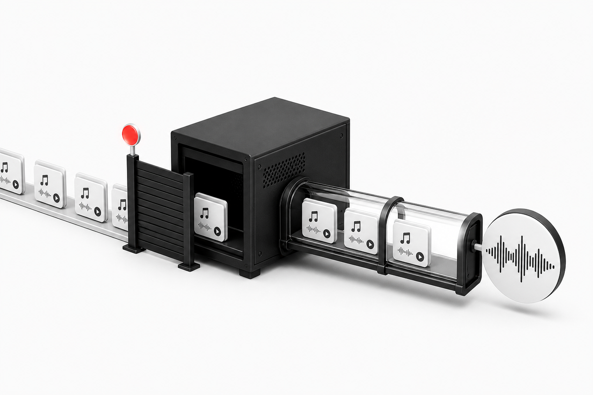 A black server worker closes a red-signaled intake gate while accepted music job cards continue through a protected handoff tube to an audio waveform.