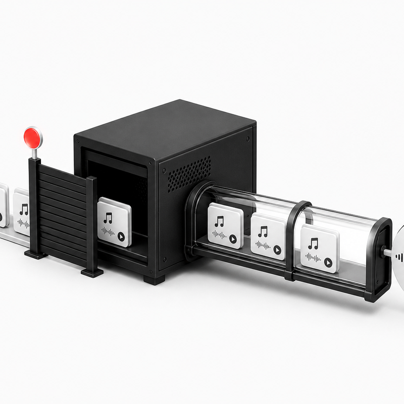 A black server worker closes a red-signaled intake gate while accepted music job cards continue through a protected handoff tube to an audio waveform.