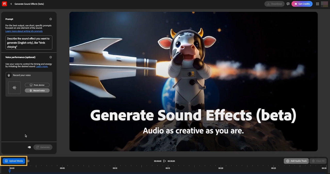 動画編集ソフトFilmora内に搭載されたAI効果音生成ツール(ベータ版)の操作インターフェース画面です。テキスト入力や音声録音を使って、宇宙服を着た牛の映像に合わせた独創的なサウンドエフェクトを直感的に生成する機能を紹介しています。