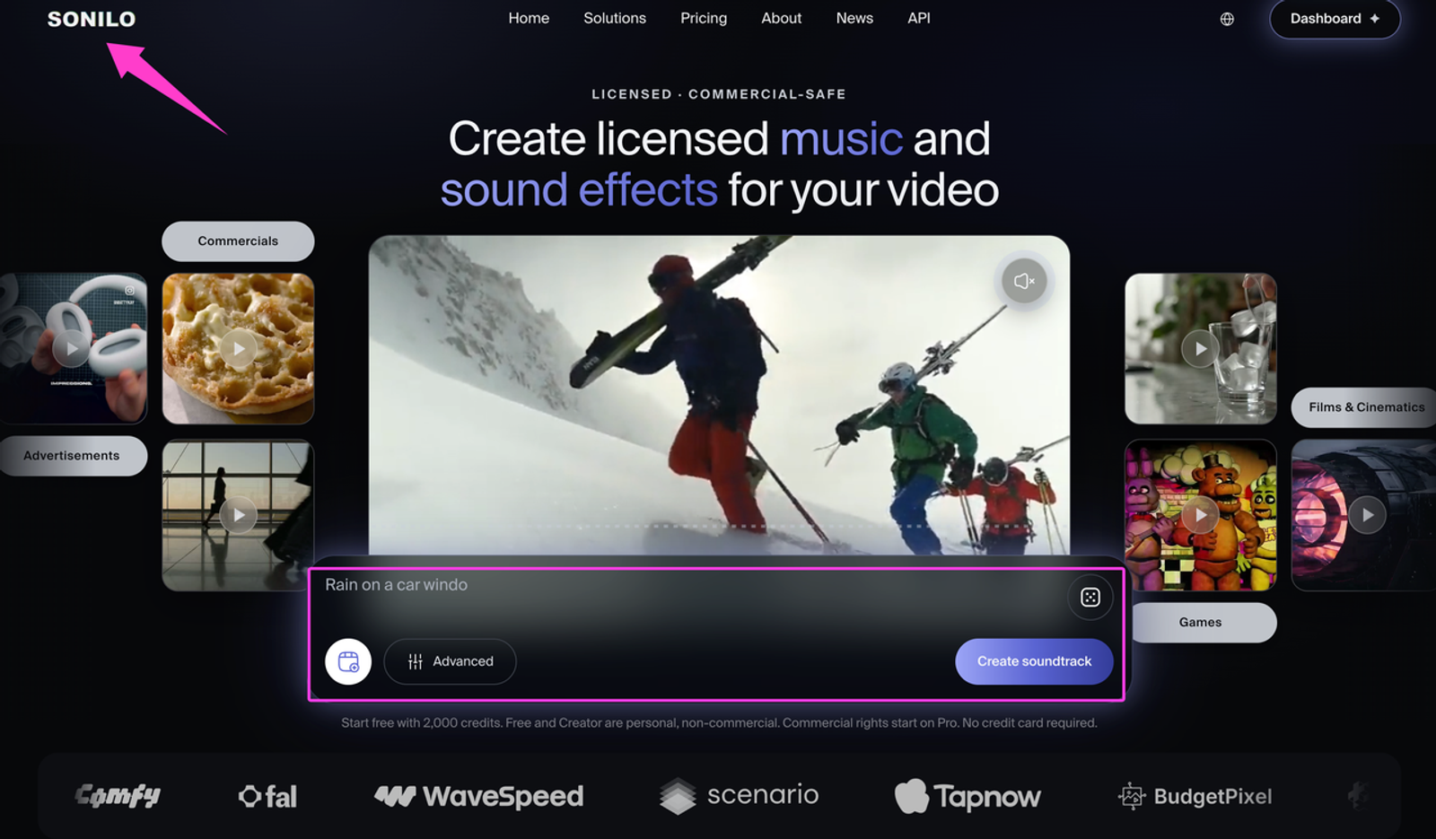 Sonilo platform UI for licensed music with a text prompt and an option for advanced Suno tags.