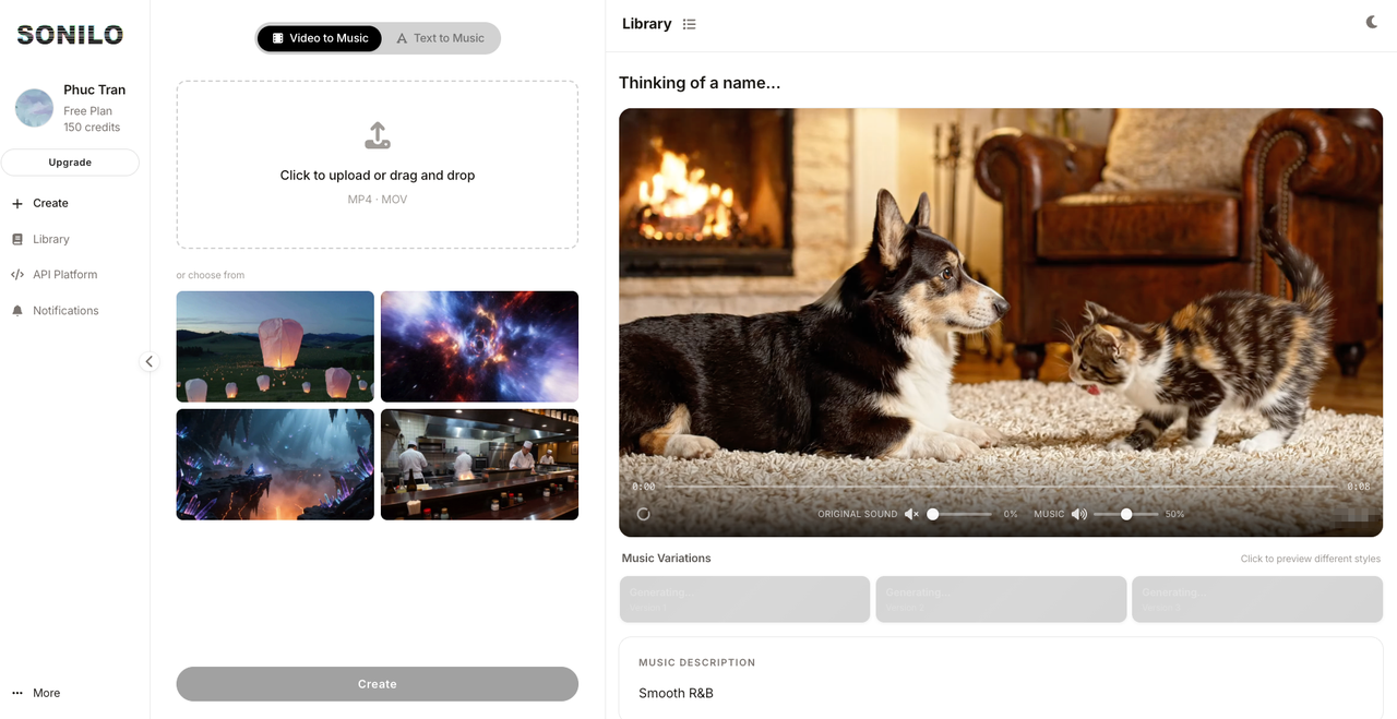 The main editor workspace generating custom AI soundtracks to easily add music to video online for your clips.
