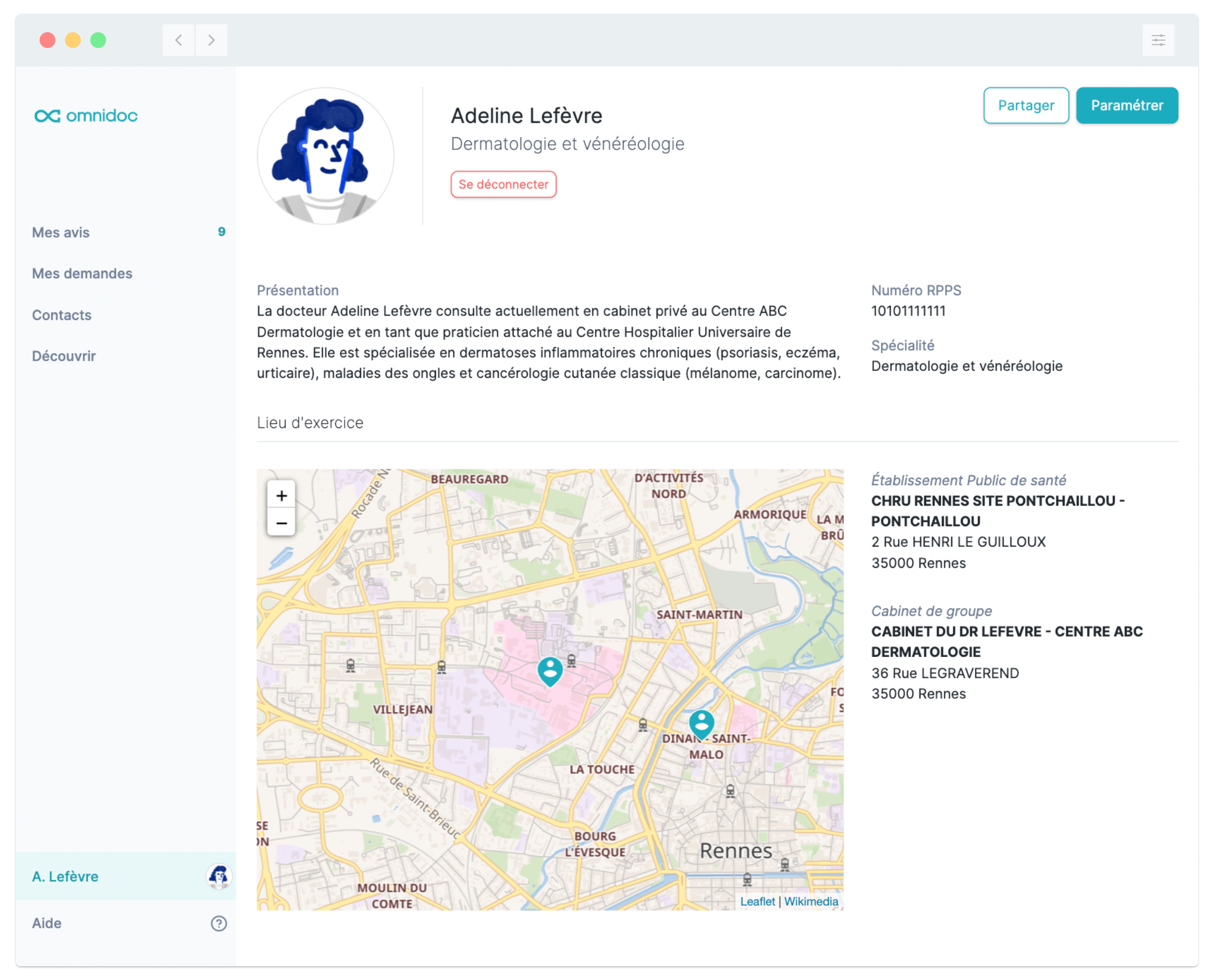 Omnidoc, plateforme de télé-expertise - Page de profil