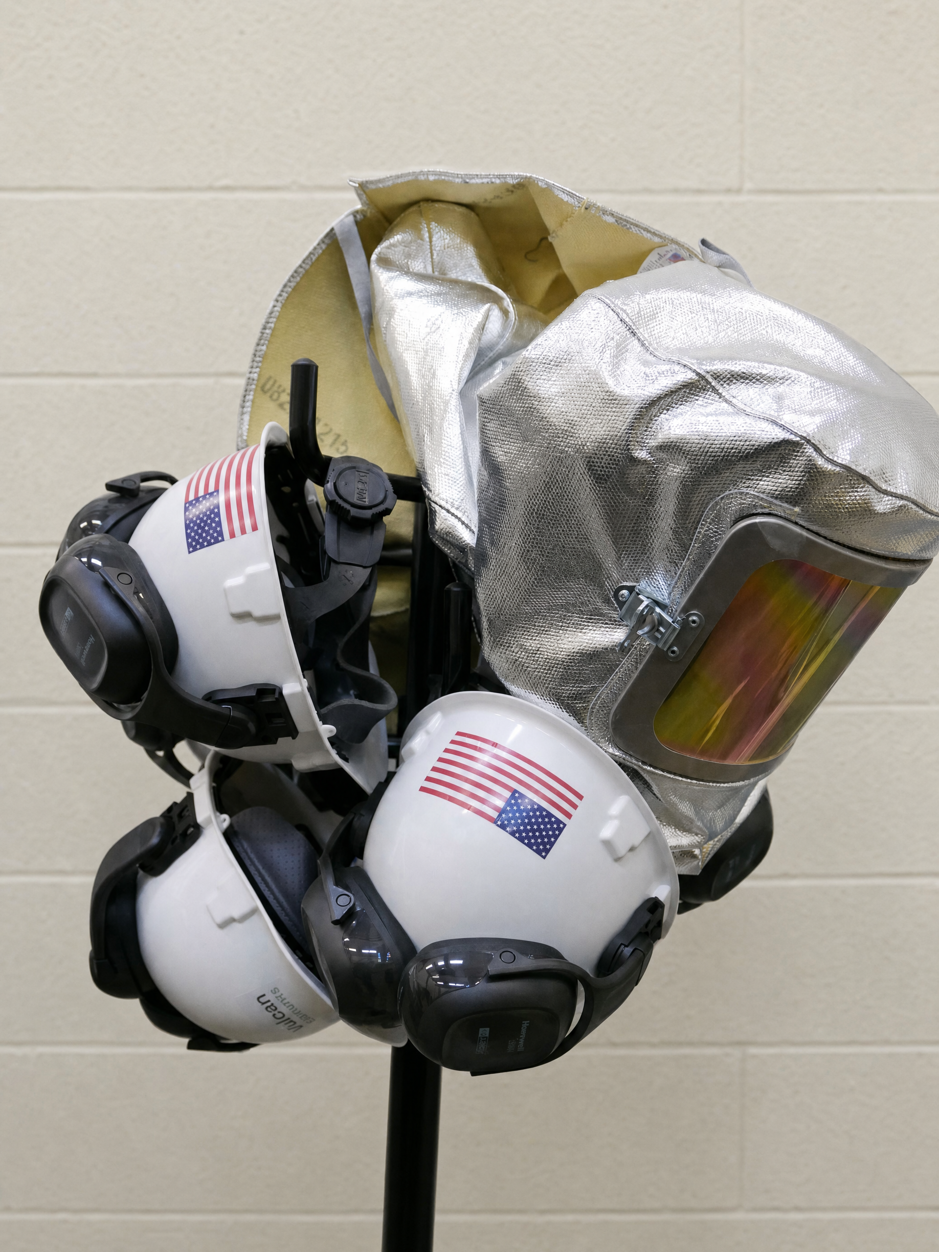 Safety helmets and a heat-protective hood on a stand