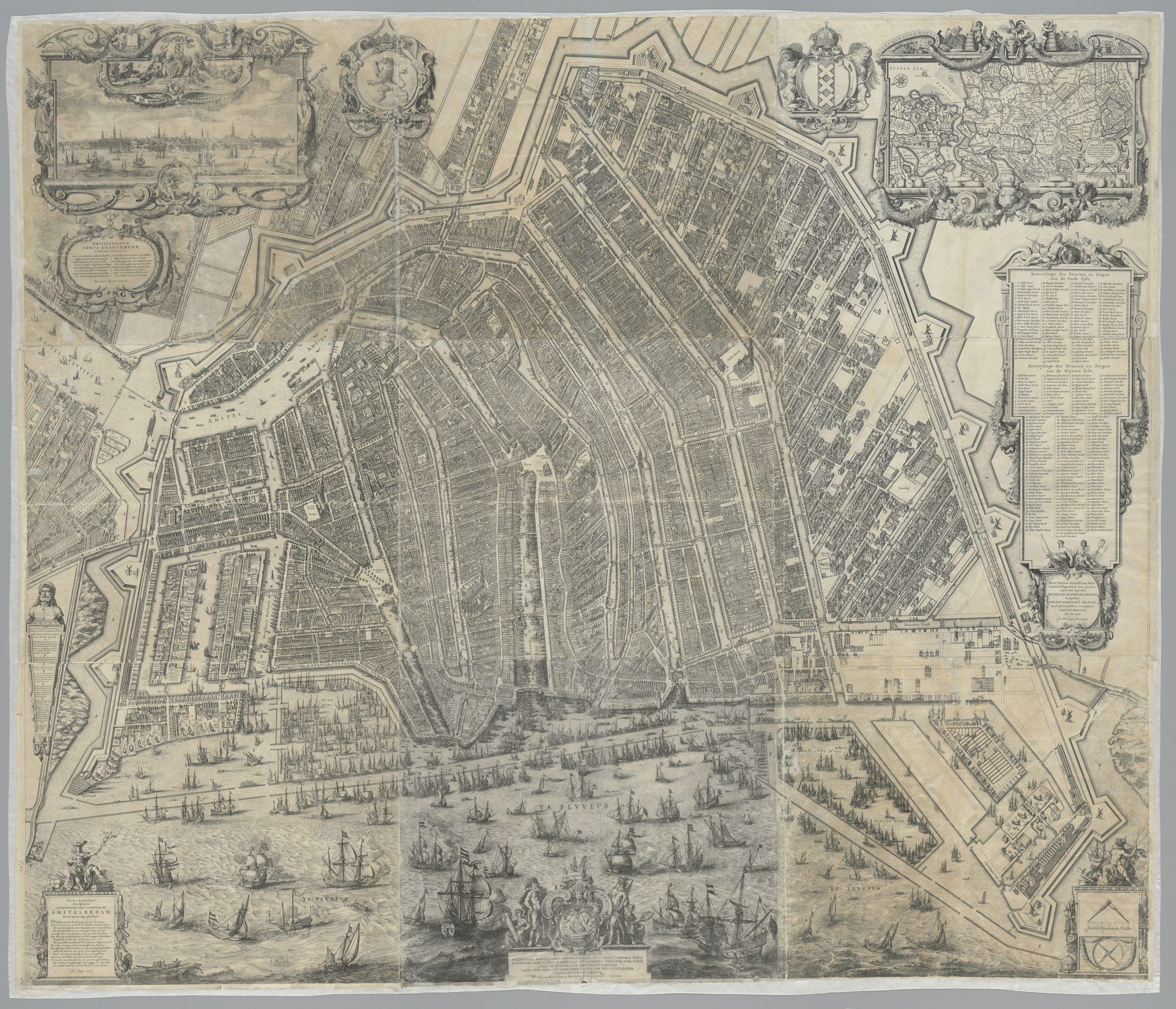 Mapa de Amsterdã de 1625 por Balthasar Florisz. van Berckenrode, em vista de cima, com o núcleo medieval, a primeira fase do cinturão de canais a oeste até a Leidsegracht, as fortificações e navios no IJ.