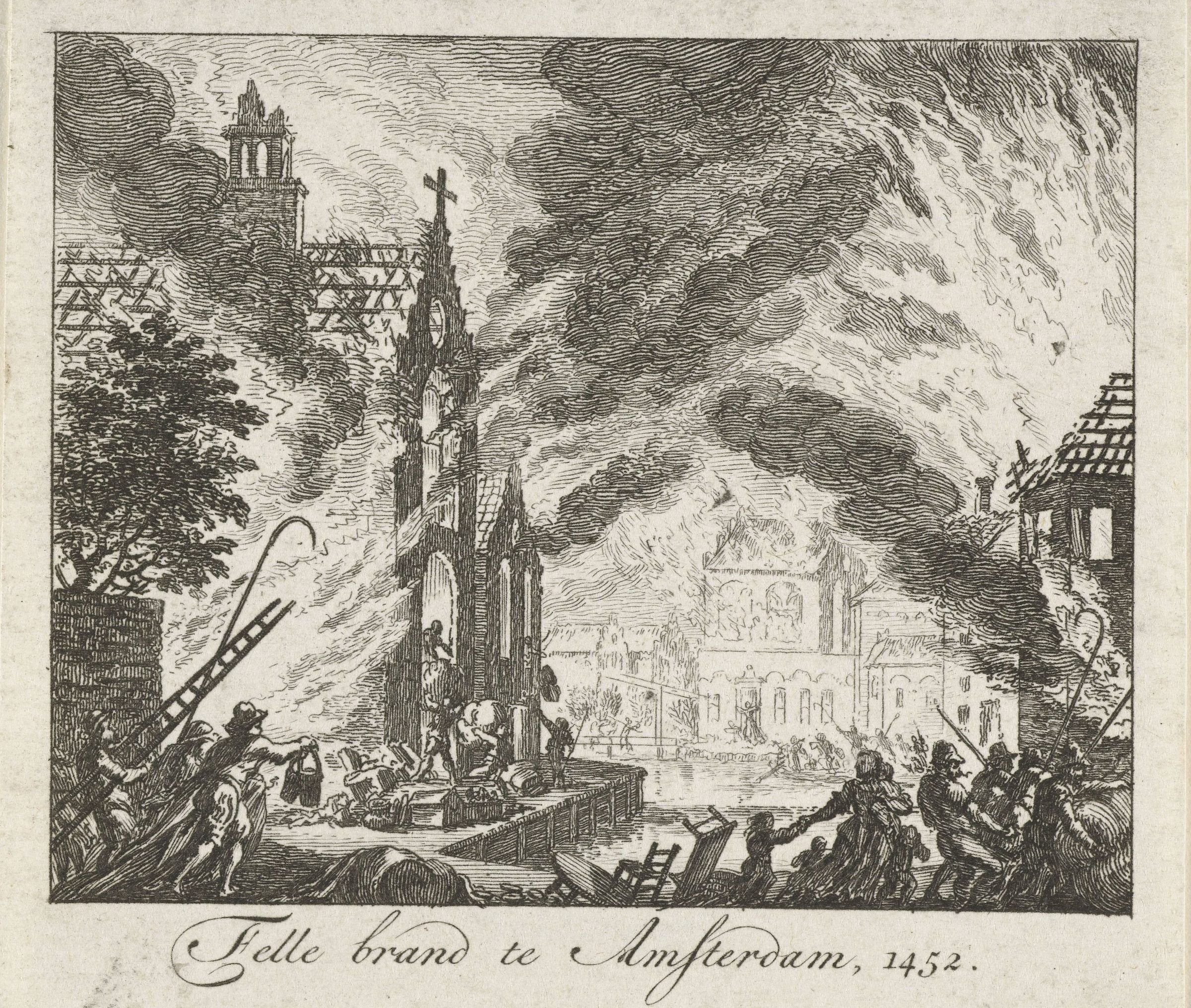 Gravura do século XVIII que imagina o incêndio de 1452 em Amsterdã: chamas e fumaça sobre telhados e uma igreja, pessoas na rua com escadas e baldes.