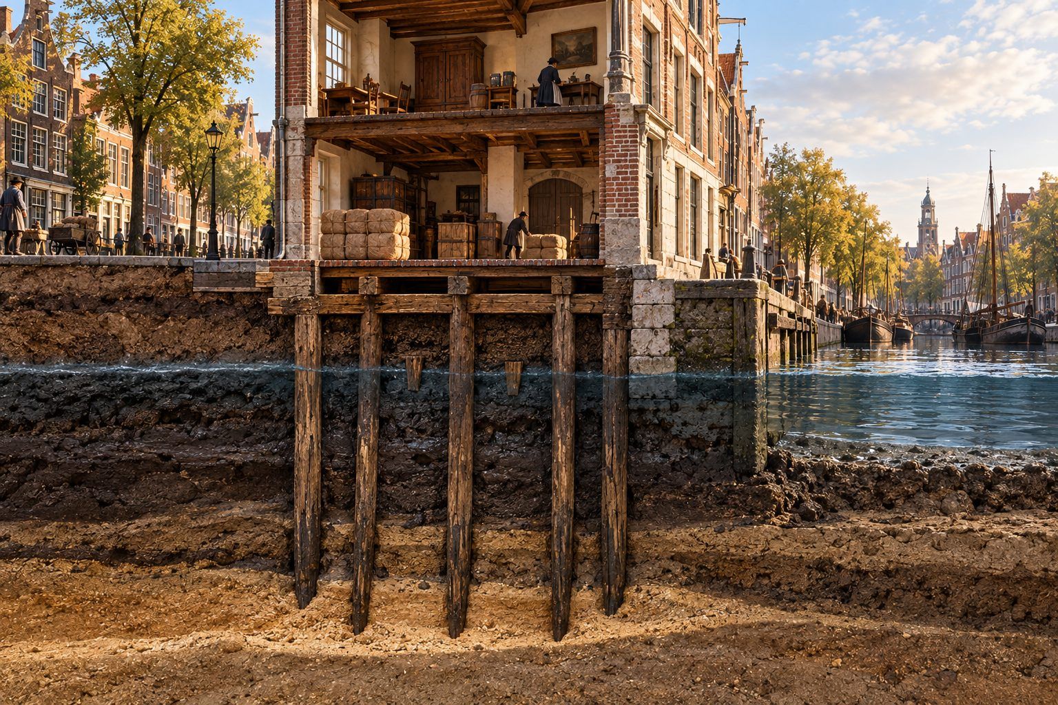 Ilustração em corte de uma casa de canal em Amsterdã: no térreo aberto, fardos e barris; abaixo do nível da rua, uma fileira de estacas de madeira atravessa camadas escuras de solo encharcado, abaixo da linha d’água, até uma camada de areia; à direita, o muro do cais e o canal com barcos.