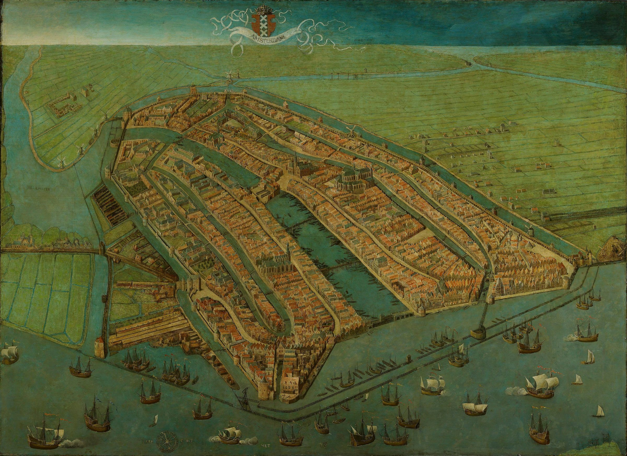 Vista aérea pintada de Amsterdã em 1538, com muralhas, canais, igrejas e navios no IJ, cercada por campos.