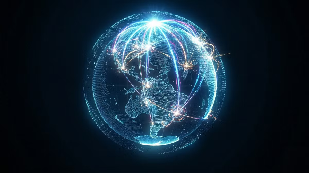 A glowing wireframe globe on a black background, criss-crossed by arcing lines of light that connect bright nodes across the continents.