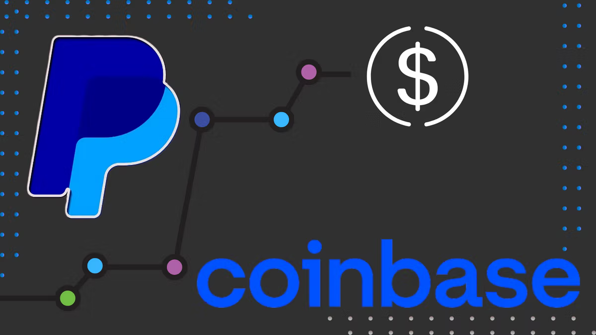 Hero card pairing the PayPal logo and the Coinbase wordmark, linked by a node-and-line path leading to a dollar sign in a circle.