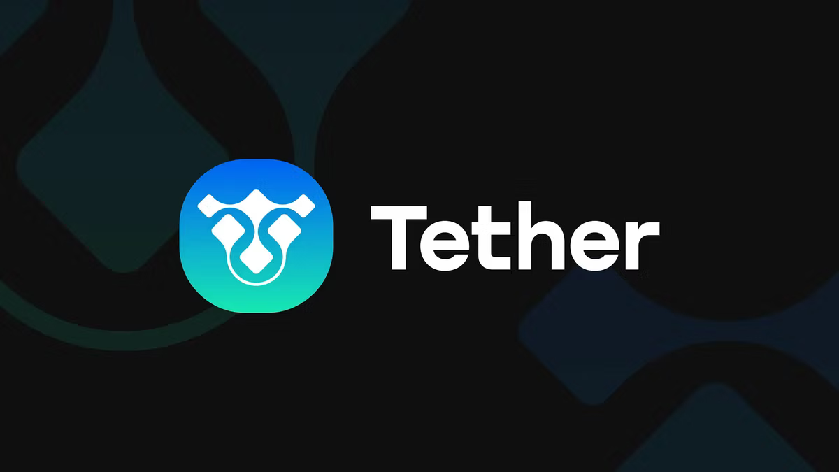 The Tether logo and wordmark in white and teal on a black background.