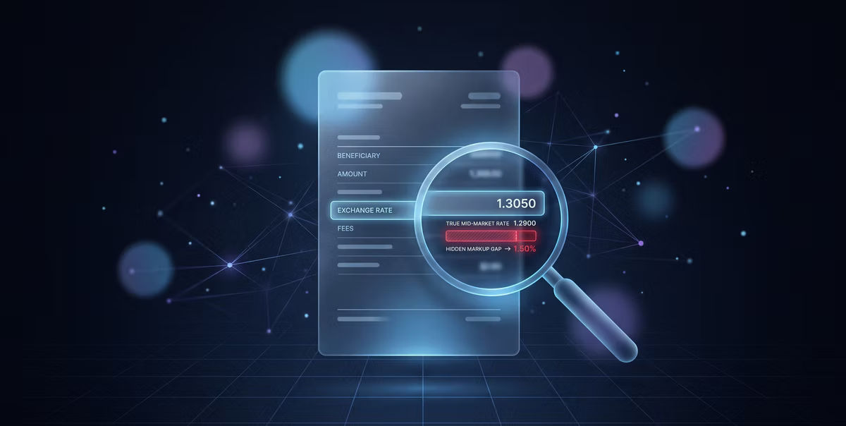 A settlement statement under a magnifier: applied exchange rate 1.3050 against a true mid-market rate of 1.2900, a hidden markup gap of 1.50%.