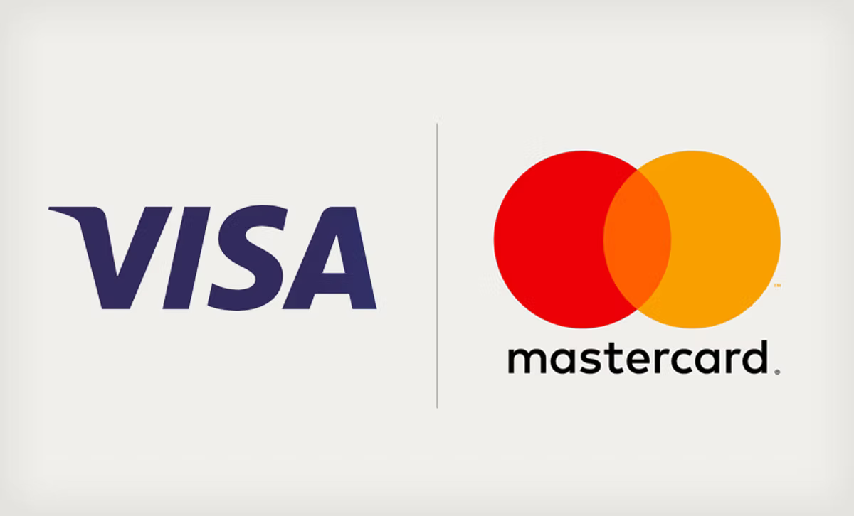 The Visa and Mastercard logos side by side, separated by a vertical rule, on an off-white background.