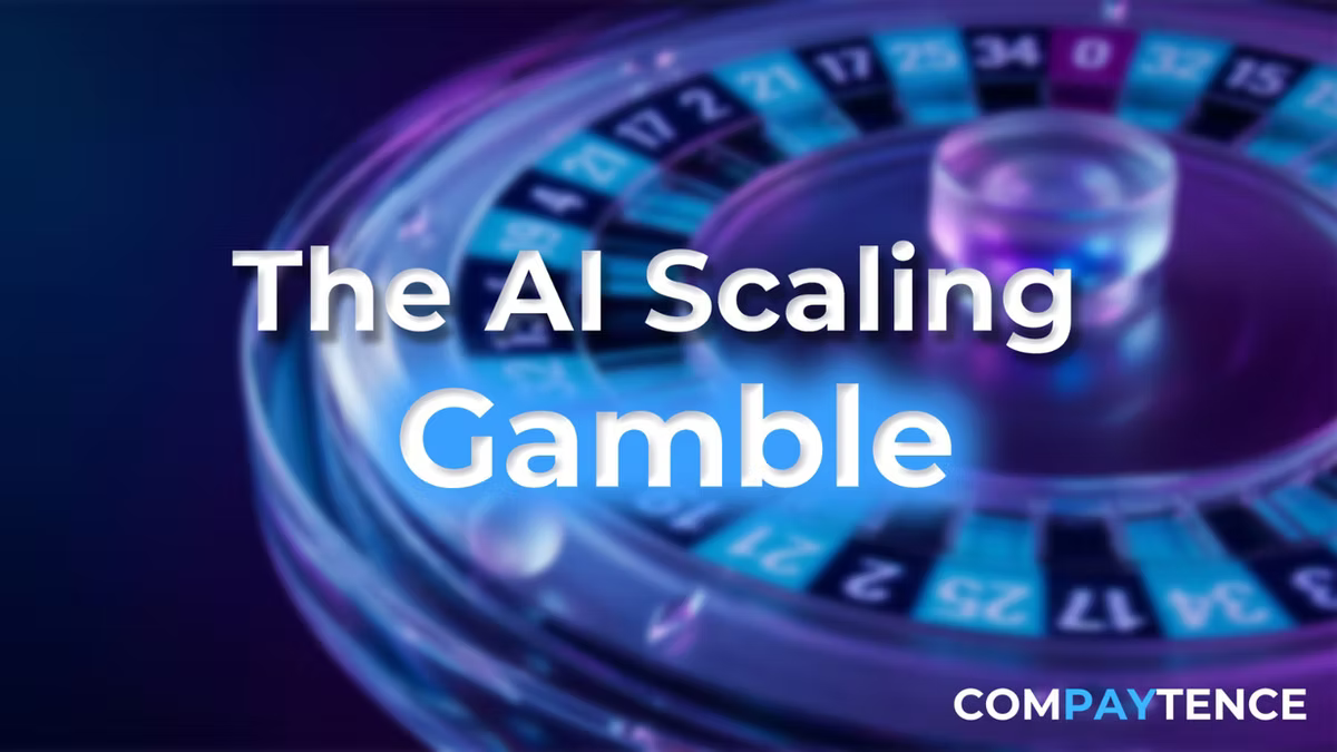 Compaytence hero card headlined "The AI Scaling Gamble", set over a blue-lit roulette wheel.
