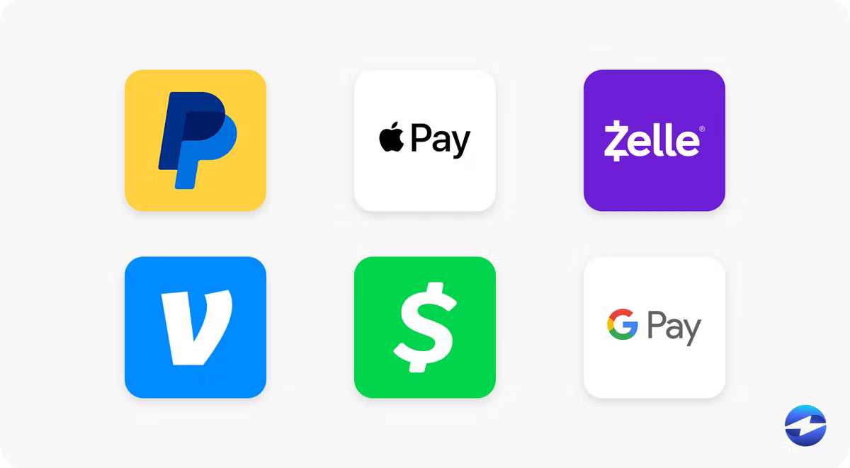 Six digital wallet app icons arranged in a grid: PayPal, Apple Pay, Zelle, Venmo, Cash App and Google Pay.