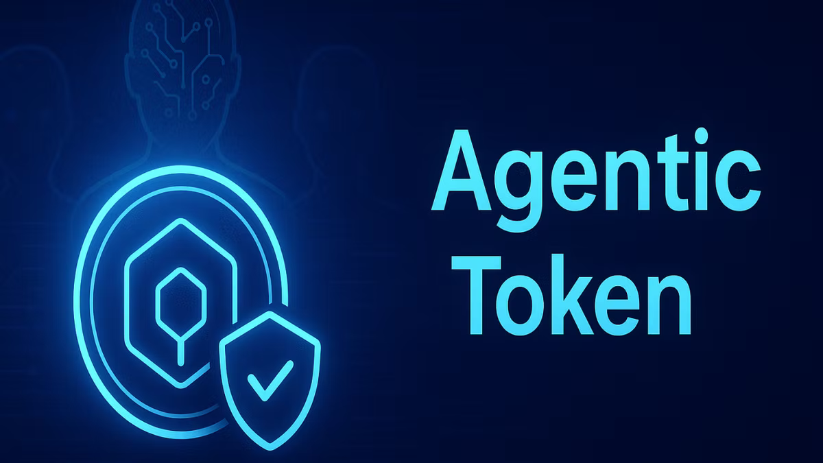 Blue neon graphic of a hexagon with a shield and check mark. Text reads "Agentic Token" on a dark background with silhouettes.