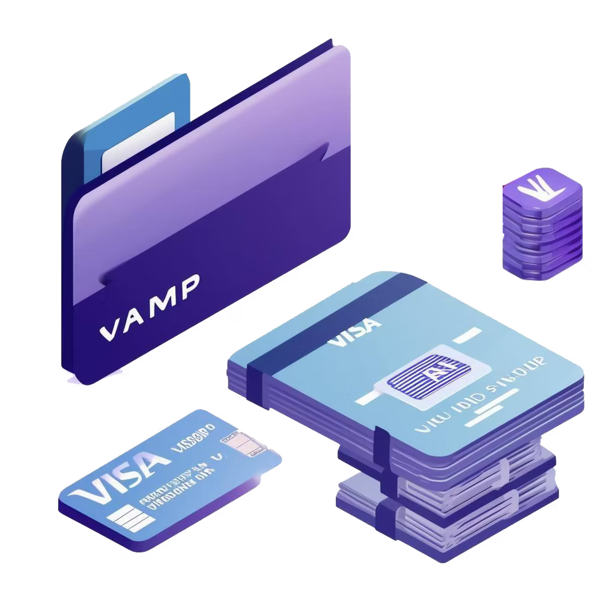 Isometric illustration of a purple folder labelled VAMP beside stacks of blue Visa-branded cards and a small stack of discs.